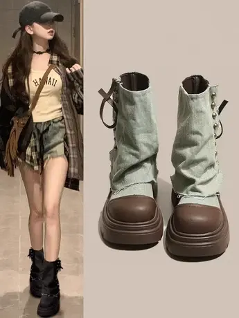 2023新款秋冬马丁靴女中筒英伦厚底内增高甜酷裤管西部牛仔短靴子商品大图