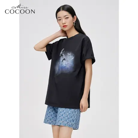 miss COCOON时尚纯棉短袖t恤女2023新款春季宽松精致印花打底上衣商品大图