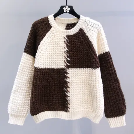 复古慵懒风撞色方格毛衣女秋冬2023新款宽松设计感圆领针织衫上衣商品大图