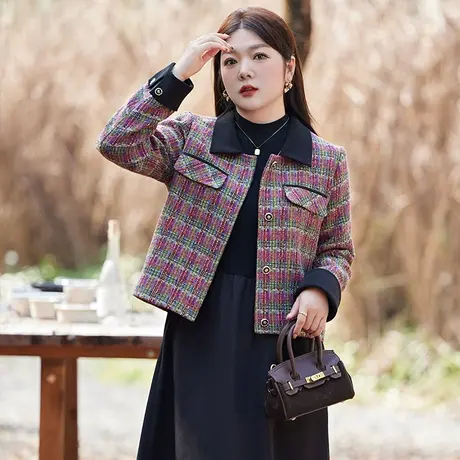 大码女装春冬季新款气质小香风格子时尚翻领外套短款长袖显瘦胖MM图片