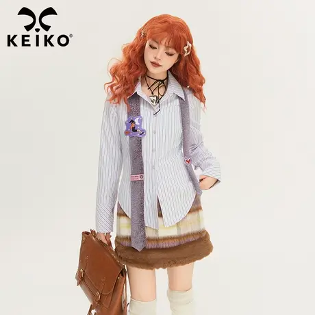 KEIKO [赠领带]设计感小众条纹衬衫女2024早秋韩系学院风浅紫上衣商品大图