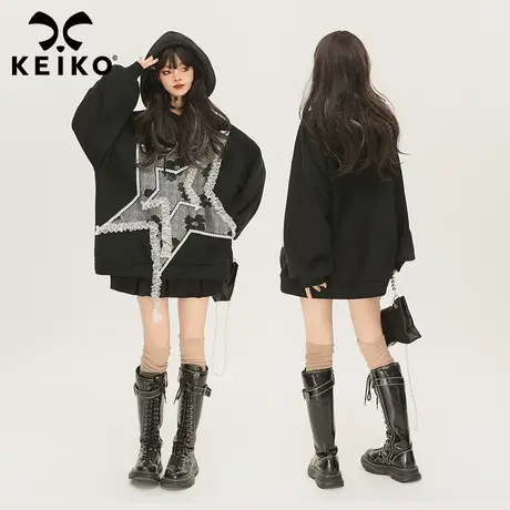 KEIKO [加密绒]星星贴布黑色连帽卫衣女2024早春oversize宽松外套商品大图