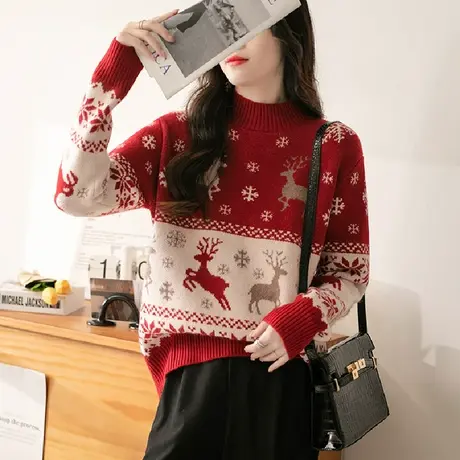 冬季半高领加绒加厚红色毛衣女装2023新款韩版宽松麋鹿针织打底女商品大图