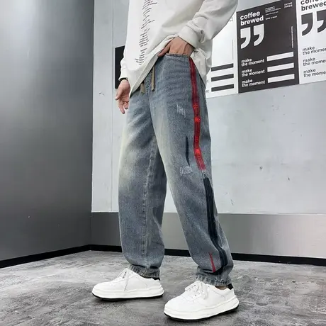 春秋季美式休闲水洗牛仔裤男潮牌潮流个性直筒宽松垂感阔腿哈伦裤商品大图