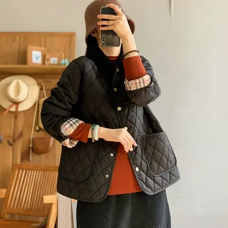 dza 复古短款宽松相色翻领棉服外套女冬外穿休闲棉衣百搭棉袄上衣商品大图