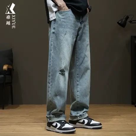 希越破洞牛仔裤男2024春季新款宽松大码美式休闲直筒加大码长裤子商品大图