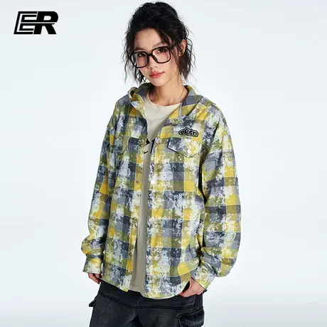 ER格子连帽衬衫男2024春季新款美式高街潮牌复古做旧情侣上衣外套商品大图