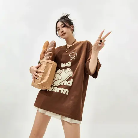 YEP复古发泡印花美拉德短袖t恤女2024年春夏新款街头潮牌宽松上衣商品大图