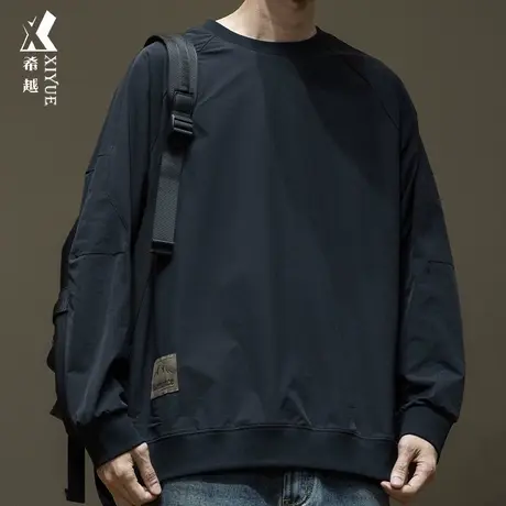 希越美式复古男士打底衫T恤2024春季新款宽松大码圆领速干卫衣男商品大图