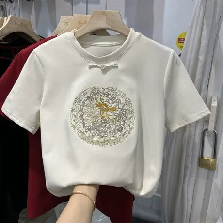 新中式国风亮片刺绣短袖T恤女2024春新款洋气时尚重工设计感上衣商品大图