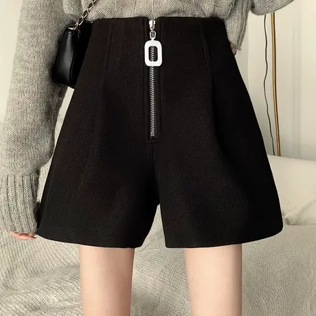 短裤女秋冬季高腰2024年新款a字外穿气质宽松毛呢黑色阔腿靴裤子商品大图