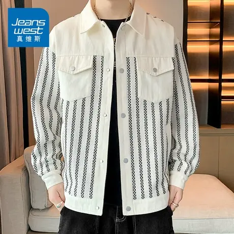 KZ真维斯秋冬季厚款条纹夹克外套男士翻领上衣服衬衫外穿冬天冬装商品大图