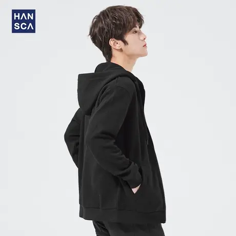 汉斯卡春季新款华夫格连帽卫衣男士百搭韩版学生宽松黑色开衫外套商品大图