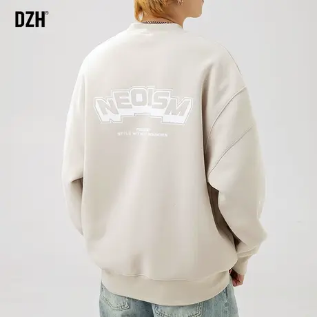 男士杏色重磅卫衣男春季圆领潮牌美式高街外套2024新款长袖体恤衫商品大图