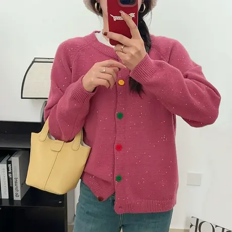 亮片甜美针织开衫女外搭春装新款圆领减龄洋气彩扣宽松毛衣外套厚商品大图