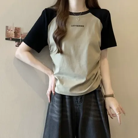 拼接撞色短袖T恤女夏季2024新款修身百搭韩版抽绳收腰下摆上衣潮商品大图