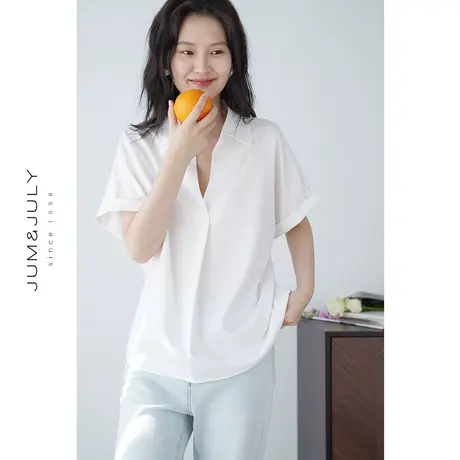 嘉茱莉2023夏季新款莫代尔棉v领短袖衬衫女小个子法式独特上衣商品大图