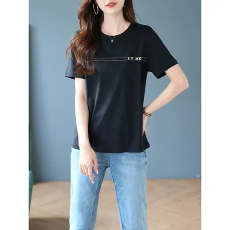 宝诗黎圆领钉珠字母棉质T恤女基础百搭短袖2023夏季新款显瘦上衣商品大图