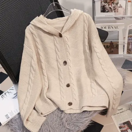 女士毛衣2023年春秋季新款蝙蝠衫连帽短外套针织开衫上衣洋气女装图片