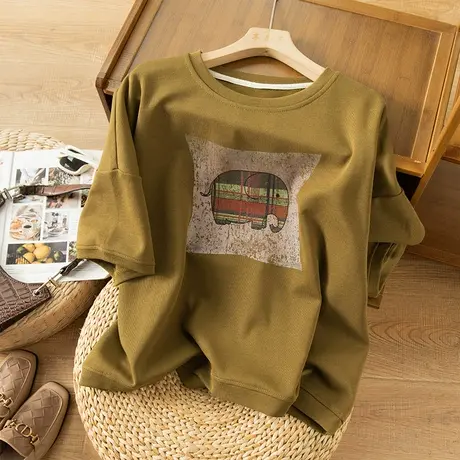 享永子棉质印花T恤女文艺复古宽松休闲上衣百搭气质2023春夏新款图片