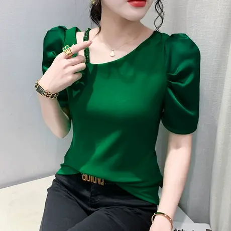 气质泡泡袖上衣女2023夏季新款性感斜领网红T恤短袖百搭修身小衫商品大图