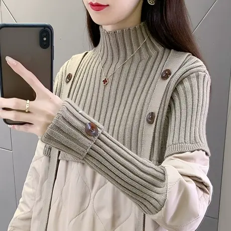 冬季中长款毛衣女秋冬2023新款高领加厚爆款拼接外套连衣裙慵懒风商品大图