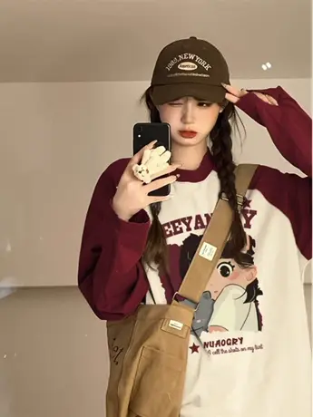 小众插肩长袖t恤女秋冬2023新款oversize宽松显瘦洋气爆款上衣图片