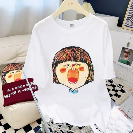 微胖遮肚子中长款上衣韩版夏季chic复古涂鸦女孩纯棉短袖T恤欧货商品大图