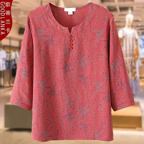 中年40-50岁妈妈五分袖印花上衣夏装新款大码女装洋气宽松T恤小衫商品大图
