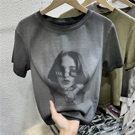 印花美式T恤水洗印染上衣女短袖2023夏季新款洋气修身复古体恤潮商品大图