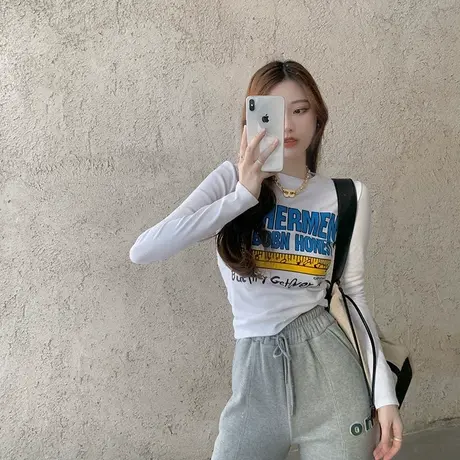 春秋2021新款韩版白色紧身洋气打底衫百搭高腰短款纯棉性感上衣女商品大图