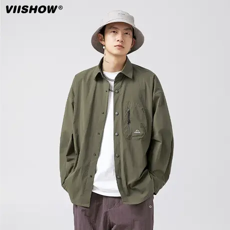 VIISHOW户外拉链立体口袋长袖衬衫秋季日系纯色防泼水衬衣外套商品大图