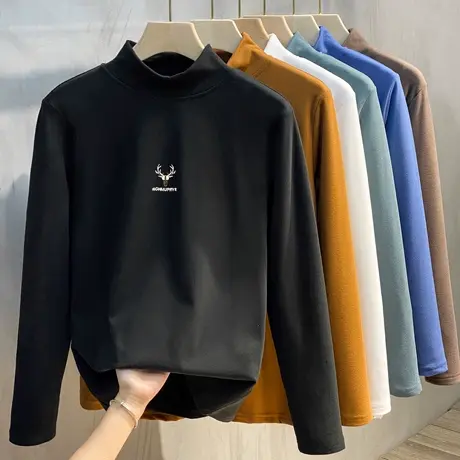 秋冬刺绣加厚半高领长袖T恤男德绒中领针织韩版潮流打底衫双面绒图片