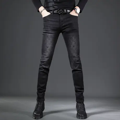 香港潮牌印花牛仔裤男款修身小脚2023新款秋季黑色弹力男装牛仔裤商品大图