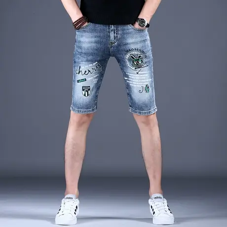 五分裤子刺绣印花牛仔短裤男款高端潮牌潮流中裤休闲宽松弹力百搭商品大图