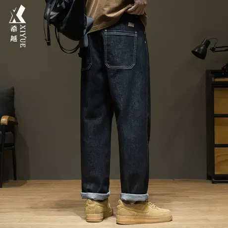 秋冬复古不掉色直筒牛仔裤男加绒2023冬季新款宽松大码胖子长裤子商品大图