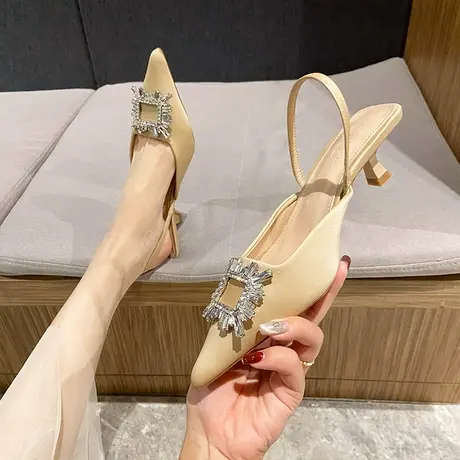 法式尖头单鞋女细跟2023年夏季新款一字带浅口气质名媛后空高跟鞋商品大图