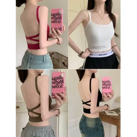 甜辣风玫红色带胸垫吊带背心女夏季外穿美背裹胸短款露背抹胸上衣商品大图