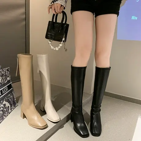 2024新款长筒靴后拉链显瘦方头骑士靴女粗跟单靴不过膝高筒弹力靴图片