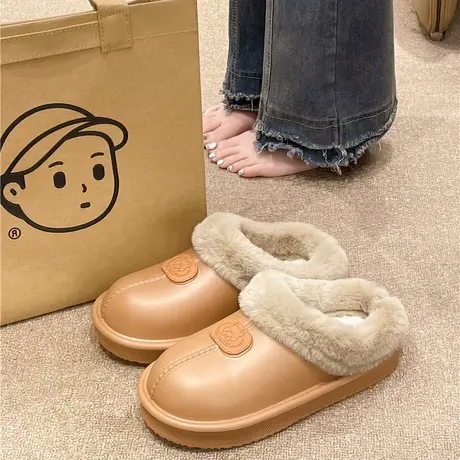 防水棉拖鞋女款冬季厚底防滑外穿加绒保暖室内居家包头毛毛拖鞋男图片
