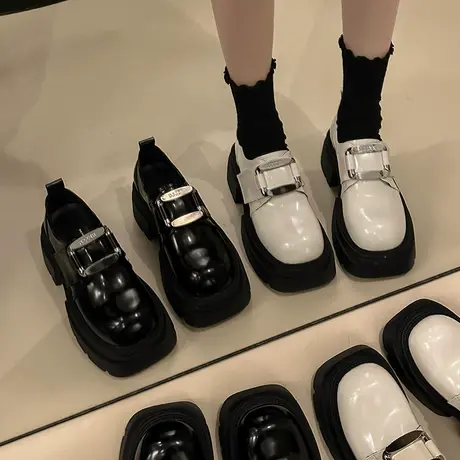 小皮鞋女士春秋厚底乐福鞋2024年新款春款英伦风小个子粗跟女鞋子商品大图