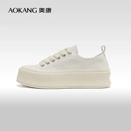 奥康女鞋 春季牛仔帆布饼干小白鞋系带厚底显高舒适通勤鞋图片