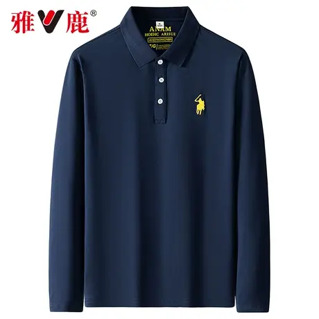 雅鹿2023中年男士春秋翻领长袖T恤商务休闲爸爸上衣纯色POLO衫男图片