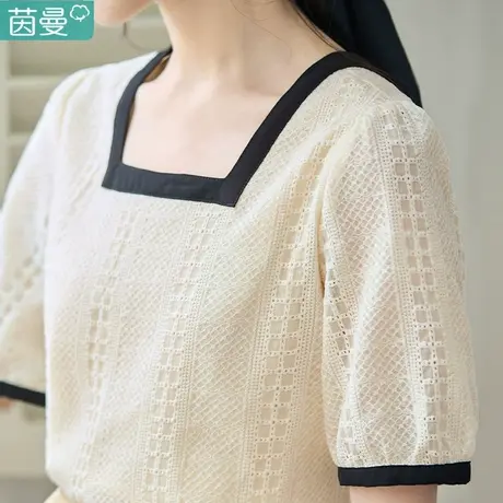 茵曼短袖衬衣女2023夏季蕾丝法式衬衫上衣别致漂亮洋气小衫一字肩图片
