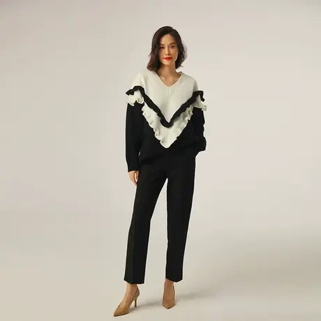 荷叶边拼色V领加厚羊绒衫秋季2023新款女装毛衣针织宽松上衣W793图片