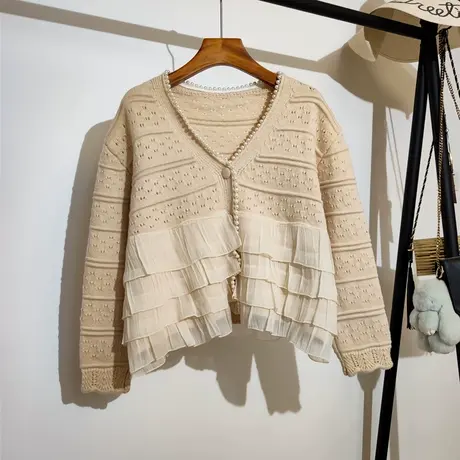 温柔风毛衣外套女短款秋冬新款荷叶边拼接设计感小众针织开衫上衣商品大图