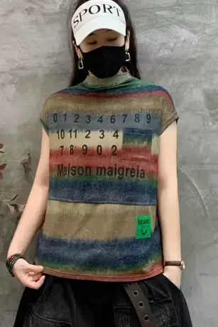 民族风拼色立领短袖T恤女2023夏季新款时尚洋气显瘦休闲百搭上衣商品大图