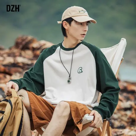 男生港风拼接长袖t恤男圆领纯棉秋季撞色卫衣宽松男装2023新款潮商品大图