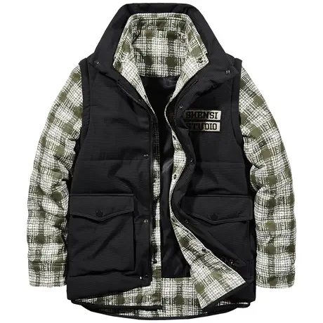 VIP棉衣男冬季加厚拼接马甲宽松保暖棉服假两件格子工装外套潮牌商品大图