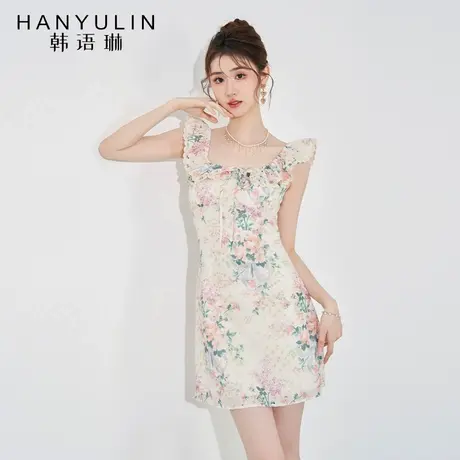 小众设计连衣裙2025新款女夏季法式气质收腰显瘦短款无袖印花裙子图片